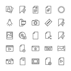 Modern Simple Set of video, photos, bookmarks, files Vector outline Icons. Contains such Icons as  cassette,  cd,  pocket, camera,  retro and more on white background. Fully Editable. Pixel Perfect.