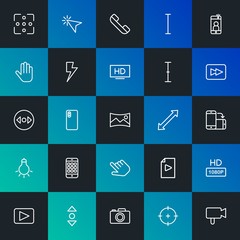 Modern Simple Set of mobile, video, photos, cursors Vector outline Icons. Contains such Icons as cursor,  button,  vertical, hd and more on dark and gradient background. Fully Editable. Pixel Perfect.