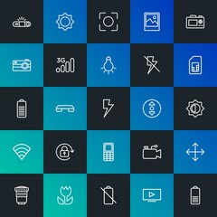 Modern Simple Set of mobile, video, photos, cursors Vector outline Icons. Contains such Icons as  cursor, camera,  phone,  no and more on dark and gradient background. Fully Editable. Pixel Perfect.