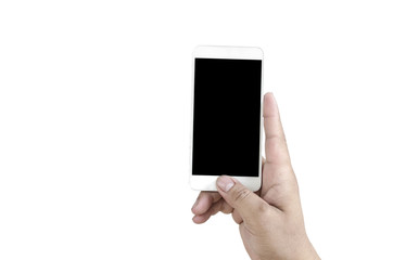 hand holding smartphone isolated on white clipping path inside