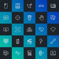 Modern Simple Set of mobile, video, photos, cursors Vector outline Icons. Contains such Icons as  caption,  arrow,  video,  web and more on dark and gradient background. Fully Editable. Pixel Perfect.