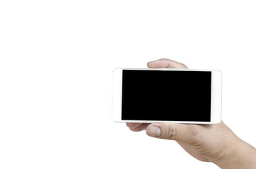 hand holding smartphone isolated on white clipping path inside