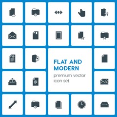 Modern Simple Set of folder, cursors, files, email Vector fill Icons. Contains such Icons as  up,  watch, inbox, click,  arrow,  mouse,  mail and more on dark background. Fully Editable. Pixel Perfect