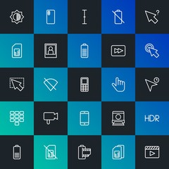 Modern Simple Set of mobile, video, photos, cursors Vector outline Icons. Contains such Icons as  landscape, dark,  white, card and more on dark and gradient background. Fully Editable. Pixel Perfect.
