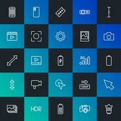 Modern Simple Set of mobile, video, photos, cursors Vector outline Icons. Contains such Icons as  film,  equipment,  light, hd and more on dark and gradient background. Fully Editable. Pixel Perfect.