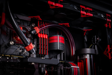 Open computer with water cooling system, processor, graphics card, motherboard fan Game console...