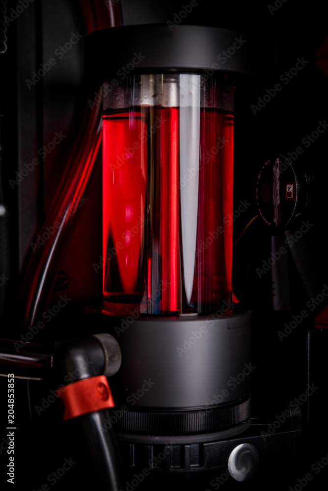 Poster open computer with water cooling system, processor, graphics card, motherboard fan game console behi