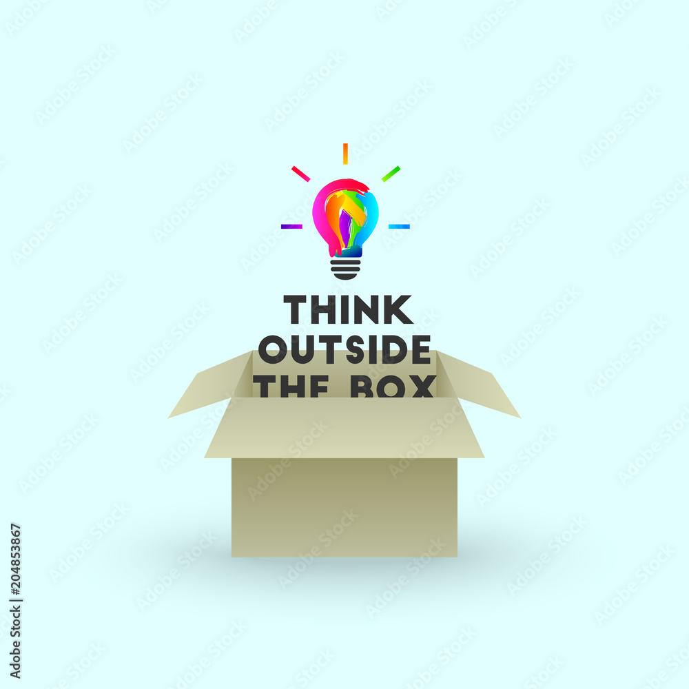 Aufkleber think outside the box concept with colorful lightbulb and text emerging out of cardboard box
