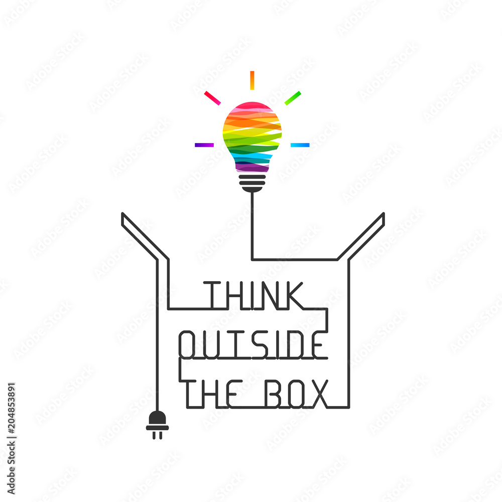 Poster out of the box thinking concept with colorful light bulb. wire forming the saying and box itself on 