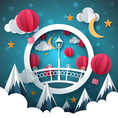 Naklejka premium Cartoon paper landscape. Bridge, mountain, air balloon, moon cloud illustration Vector eps 10