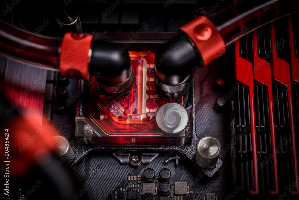 Poster open computer with water cooling system, processor, graphics card, motherboard fan game console behi
