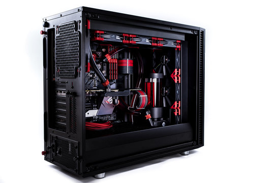 Open Computer With Water Cooling System, Processor, Graphics Card, Motherboard Fan Game Console Behind White Background