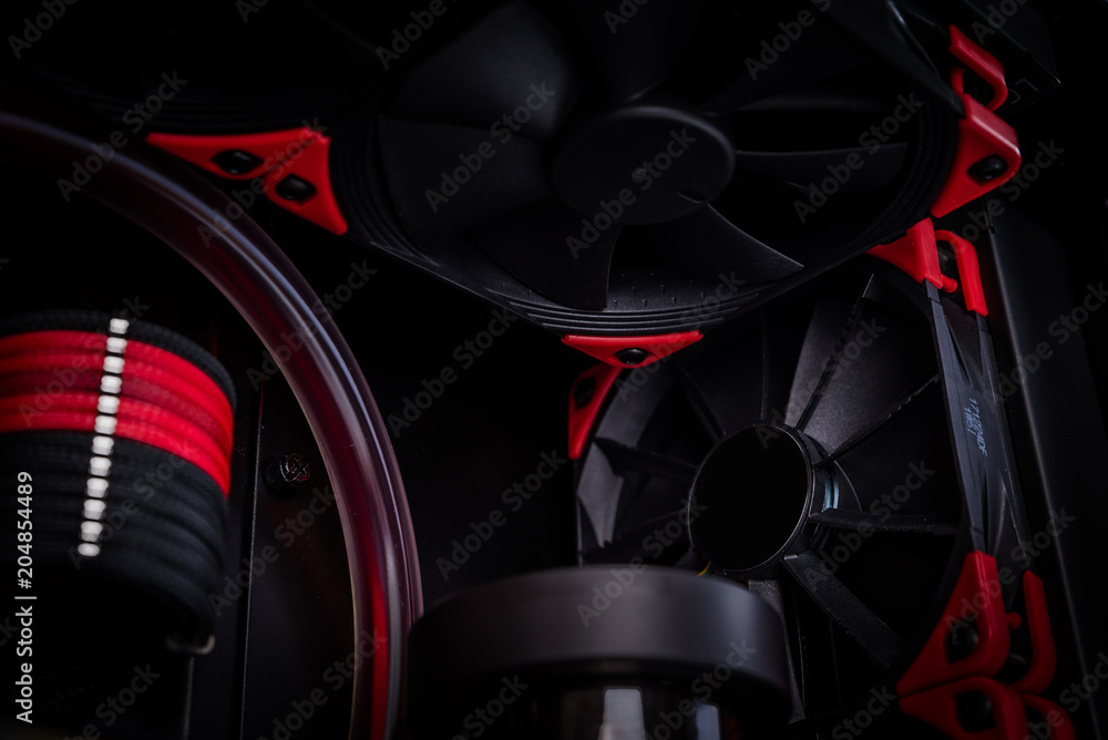 Poster open computer with water cooling system, processor, graphics card, motherboard fan game console behi