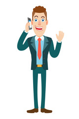 Businessman talking on mobile phone and raised a hand in greeting