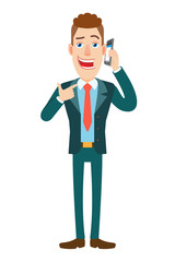Obraz premium Businessman pointing his finger at the mobile phone that he talks