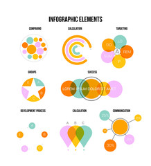 Infographic Elements Vector Set Modern Business Process Presentation. Pie Chart, Circular Bar, Linear Diargam Targeting, Development Report. Chart Graphic Business Statistics Cool Infographic Template
