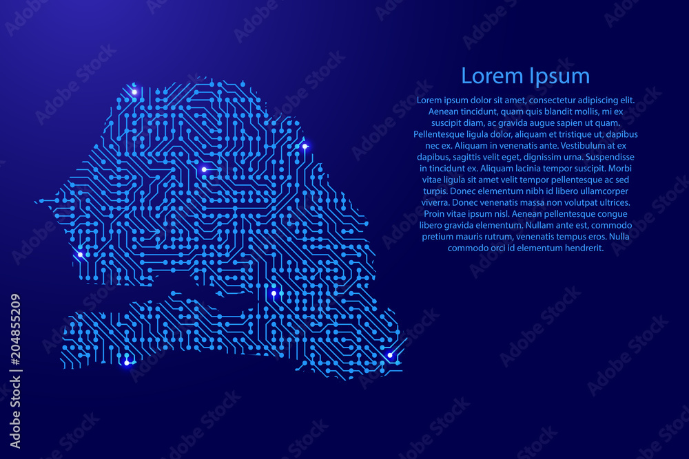 Fototapete map senegal from printed board, chip and radio component with blue star space on the contour for ban