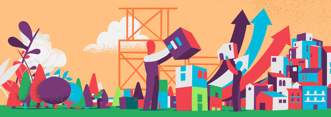 Persone che costruiscono edifici per una citt&agrave; sostenibile