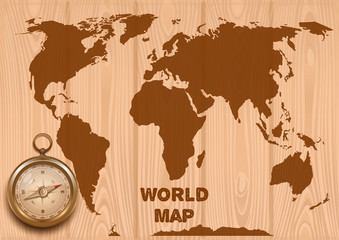 World map and golden compass on a wooden background. Trip around the world. Antique retro style metal compass. Travel concept design. Realistic vector illustration