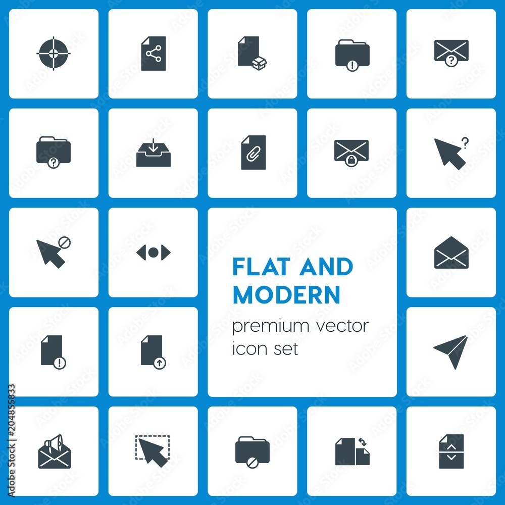 Poster modern simple set of folder, cursors, files, email vector fill icons. contains such icons as scroll,