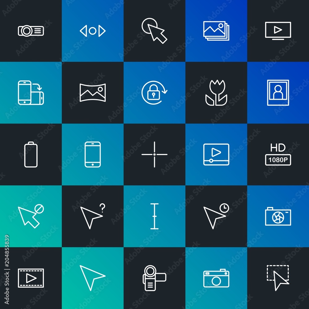 Poster modern simple set of mobile, video, photos, cursors vector outline icons. contains such icons as pro