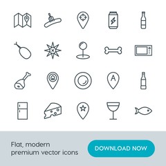 Modern Simple Set of food, location, drinks Vector outline Icons. Contains such Icons as fish,  water,  location, chicken,  travel, cheese and more on white background. Fully Editable. Pixel Perfect.