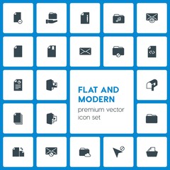 Modern Simple Set of folder, cursors, files, email Vector fill Icons. Contains such Icons as  storage,  data, mail,  report,  business, data and more on dark background. Fully Editable. Pixel Perfect