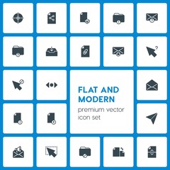 Modern Simple Set of folder, cursors, files, email Vector fill Icons. Contains such Icons as  scroll,  storage,  folder,  question,  office and more on dark background. Fully Editable. Pixel Perfect