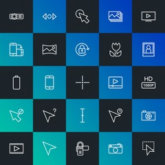 Modern Simple Set of mobile, video, photos, cursors Vector outline Icons. Contains such Icons as  projection,  communication and more on dark and gradient background. Fully Editable. Pixel Perfect.