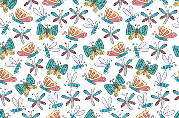 Scandinavian style seamless pattern with cartoon bugs and butterflies.
