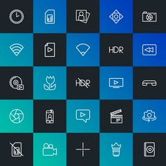 Modern Simple Set of mobile, video, photos, cursors Vector outline Icons. Contains such Icons as  disc,  person, portrait, lens and more on dark and gradient background. Fully Editable. Pixel Perfect.