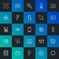 Modern Simple Set of mobile, video, photos, cursors Vector outline Icons. Contains such Icons as  beauty, target, portrait and more on dark and gradient background. Fully Editable. Pixel Perfect.