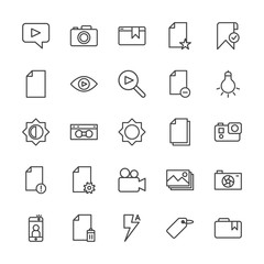 Modern Simple Set of video, photos, bookmarks, files Vector outline Icons. Contains such Icons as  background,  file,  vhs,  lens,  pocket and more on white background. Fully Editable. Pixel Perfect.