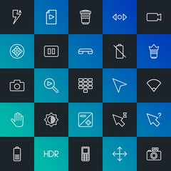 Modern Simple Set of mobile, video, photos, cursors Vector outline Icons. Contains such Icons as  architecture,  phone,  scroll and more on dark and gradient background. Fully Editable. Pixel Perfect.