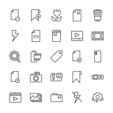 Modern Simple Set of video, photos, bookmarks, files Vector outline Icons. Contains such Icons as  transparent, projector,  movie,  delete and more on white background. Fully Editable. Pixel Perfect.