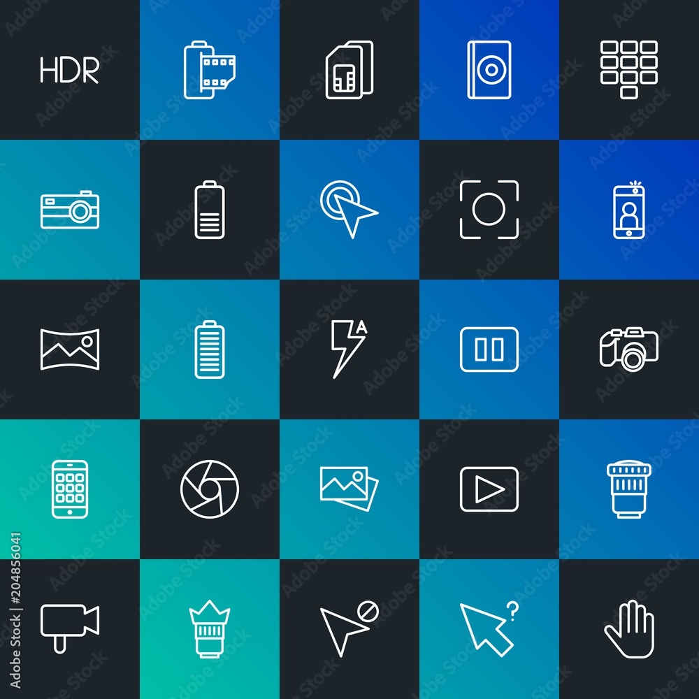 Poster modern simple set of mobile, video, photos, cursors vector outline icons. contains such icons as mov