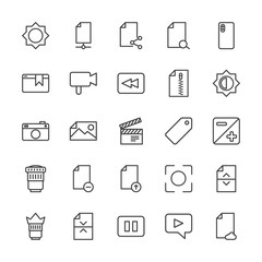 Modern Simple Set of video, photos, bookmarks, files Vector outline Icons. Contains such Icons as message, office,  flash, light,  divider and more on white background. Fully Editable. Pixel Perfect.