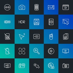 Modern Simple Set of mobile, video, photos, cursors Vector outline Icons. Contains such Icons as  arrow,  high,  nature,  mouse and more on dark and gradient background. Fully Editable. Pixel Perfect.