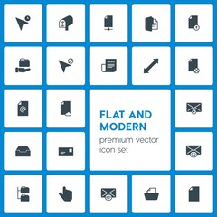 Modern Simple Set of folder, cursors, files, email Vector fill Icons. Contains such Icons as  newspaper,  blank,  data,  update,  post, click and more on dark background. Fully Editable. Pixel Perfect