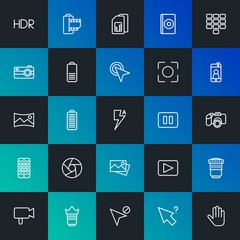 Modern Simple Set of mobile, video, photos, cursors Vector outline Icons. Contains such Icons as movie,  cursor,  objective and more on dark and gradient background. Fully Editable. Pixel Perfect.