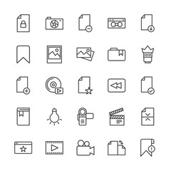 Modern Simple Set of video, photos, bookmarks, files Vector outline Icons. Contains such Icons as  media,  remove,  production, bookmark and more on white background. Fully Editable. Pixel Perfect.