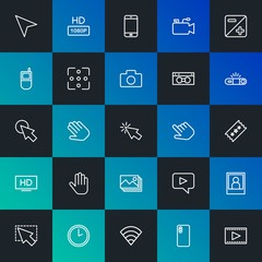 Modern Simple Set of mobile, video, photos, cursors Vector outline Icons. Contains such Icons as  quality,  cursor,  device, hd and more on dark and gradient background. Fully Editable. Pixel Perfect.