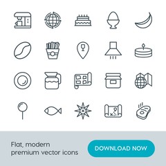 Modern Simple Set of food, location, drinks Vector outline Icons. Contains such Icons as cake,  fishing,  sweet,  street,  map,  food,  pin and more on white background. Fully Editable. Pixel Perfect.