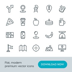 Modern Simple Set of food, location, drinks Vector outline Icons. Contains such Icons as  grill,  delicious,  scale, sign,  dessert, beef and more on white background. Fully Editable. Pixel Perfect.