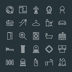 Modern Simple Set of buildings, furniture, housekeeping Vector outline Icons. Contains such Icons as  house,  fashion,  shiny,  bottle,  sew and more on dark background. Fully Editable. Pixel Perfect.
