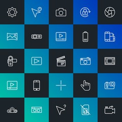 Modern Simple Set of mobile, video, photos, cursors Vector outline Icons. Contains such Icons as  game,  photo, information and more on dark and gradient background. Fully Editable. Pixel Perfect.