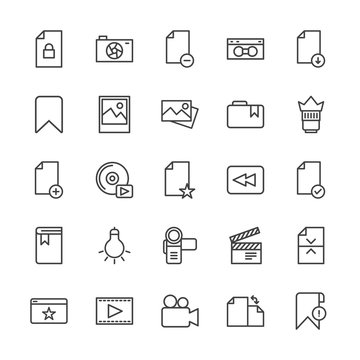 Modern Simple Set of video, photos, bookmarks, files Vector outline Icons. Contains such Icons as  media,  remove,  production, bookmark and more on white background. Fully Editable. Pixel Perfect.
