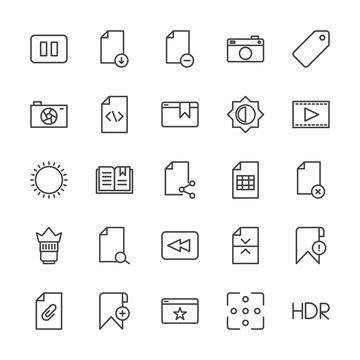 Modern Simple Set of video, photos, bookmarks, files Vector outline Icons. Contains such Icons as office, hdr,  clip,  page,  divider, stop and more on white background. Fully Editable. Pixel Perfect.