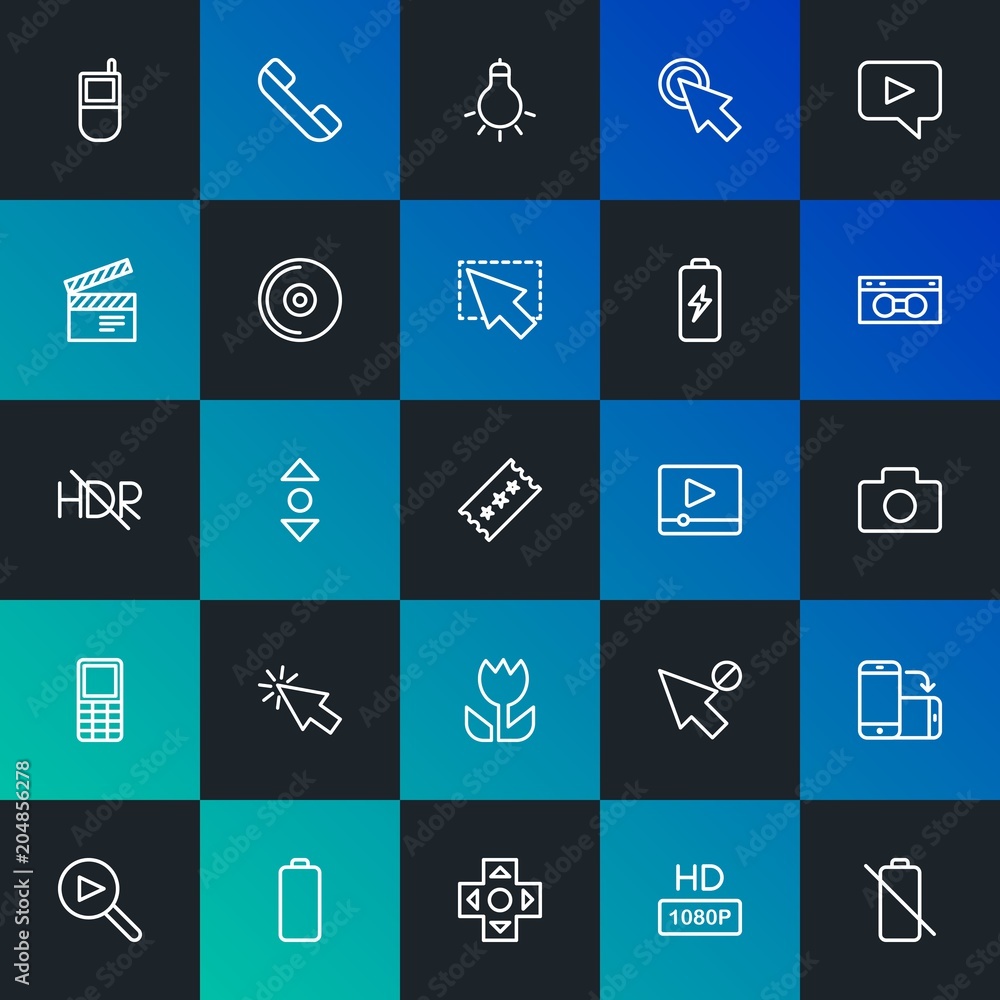 Poster modern simple set of mobile, video, photos, cursors vector outline icons. contains such icons as ver