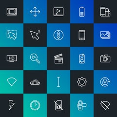 Modern Simple Set of mobile, video, photos, cursors Vector outline Icons. Contains such Icons as light,  sim,  time,  button and more on dark and gradient background. Fully Editable. Pixel Perfect.
